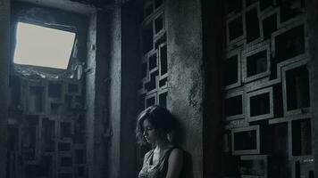 a woman is sitting in an abandoned room generative AI photo