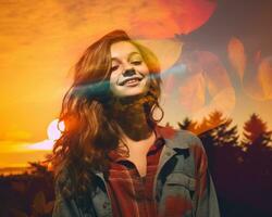 a woman is smiling in front of a sunset with leaves in the background generative AI photo