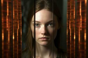 a woman is looking through bars in a dark room generative AI photo