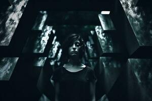 un mujer es en pie en un oscuro túnel generativo ai foto