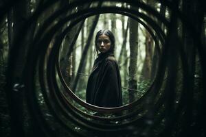 a woman is standing in front of a circular frame in the woods generative AI photo