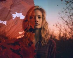 a woman is standing in front of a red leaf generative AI photo