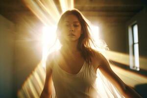 un mujer es en pie en frente de un ventana con luz de sol transmisión mediante eso generativo ai foto