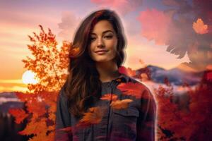 a woman is standing in front of autumn leaves generative AI photo