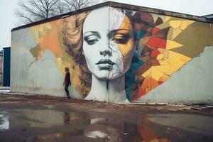 un mujer es en pie en frente de un pared con un mural de un mujeres cara en eso generativo ai foto