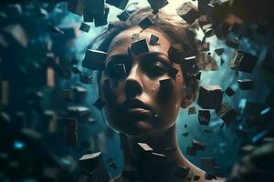 a woman is surrounded by cubes generative AI photo