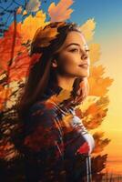 a woman is surrounded by autumn leaves generative AI photo