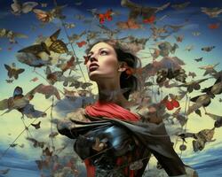 a woman is surrounded by butterflies generative AI photo