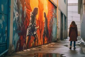 a woman is walking down an alleyway with a mural on the wall generative AI photo