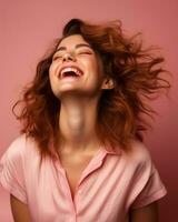a woman laughing with her hair blowing in the wind generative AI photo