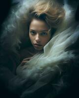 a woman is wrapped in white fur generative AI photo