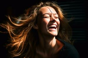 a woman laughing with her hair blowing in the wind generative AI photo