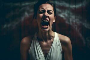 a woman screaming in front of a dark background generative AI photo