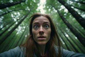 a woman looking up at the camera in a forest generative AI photo