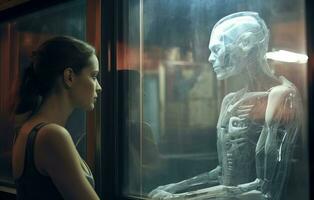 a woman looking at a skeleton in a glass case generative AI photo