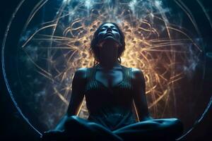 a woman sitting in a lotus position in front of a glowing circle generative AI photo