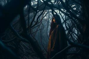 a woman standing in a dark forest at night generative AI photo