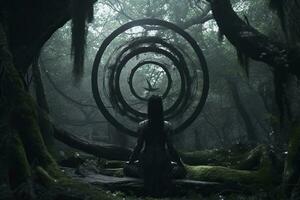 a woman sitting in the middle of a forest surrounded by circular rings generative AI photo