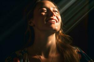a woman smiles in front of the sun generative AI photo