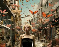 a woman standing in a city street surrounded by butterflies generative AI photo