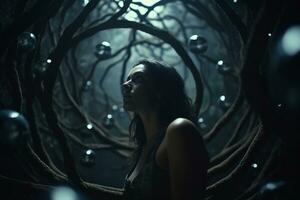 a woman standing in a dark tunnel surrounded by balls generative AI photo