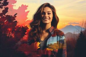 un mujer sonriente en frente de un otoño escena generativo ai foto