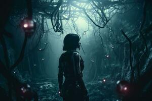 a woman standing in a dark forest at night generative AI photo
