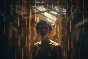 a woman standing in a dark room with rain falling from the ceiling generative AI photo