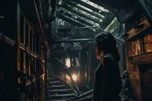 a woman standing in an abandoned building at night generative AI photo
