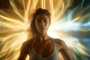a woman standing in front of a glowing light generative AI photo