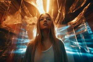 a woman standing in front of a glowing light generative AI photo