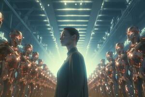 a woman standing in front of a group of robots generative AI photo