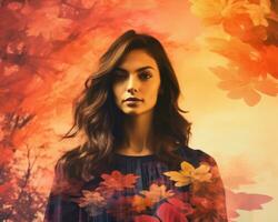 a woman standing in front of an autumn scene with flowers generative AI photo