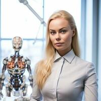a woman standing in front of a robot generative AI photo