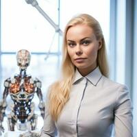 un mujer en pie en frente de un robot generativo ai foto