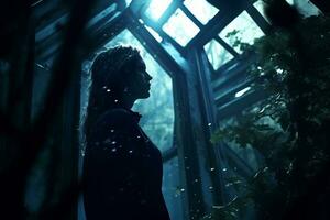 a woman standing in front of a window in a dark forest generative AI photo