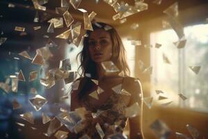 a woman standing in front of a window surrounded by pieces of paper generative AI photo