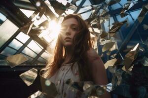 a woman standing in front of broken glass with the sun shining through generative AI photo
