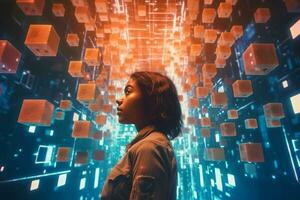 a woman standing in front of cubes in an abstract background generative AI photo