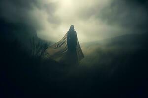 un mujer en pie en el medio de un campo con oscuro nubes en el antecedentes generativo ai foto