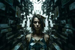 a woman surrounded by cubes in a dark room generative AI photo