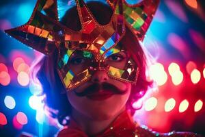 a woman wearing a colorful mask with a mustache generative AI photo