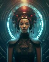 a woman wearing a futuristic headdress in a dark room generative AI photo