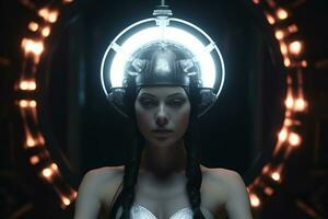 a woman wearing a futuristic helmet in a dark room generative AI photo