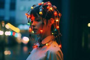 a woman wearing a headband with lights on it generative AI photo