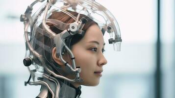 a woman wearing a futuristic helmet generative AI photo