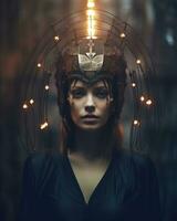 a woman wearing a headpiece with lights on it generative AI photo