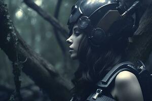 a woman wearing a helmet in the woods generative AI photo