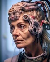 a woman wearing a helmet with wires attached to her head generative AI photo