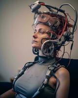 a woman wearing a helmet with wires attached to her head generative AI photo